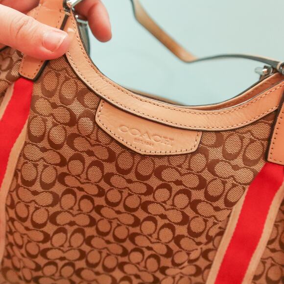 Coach Devin Signature Stripe Orange Top Handle Tote Bag Leather Strap - Picture 6 of 14